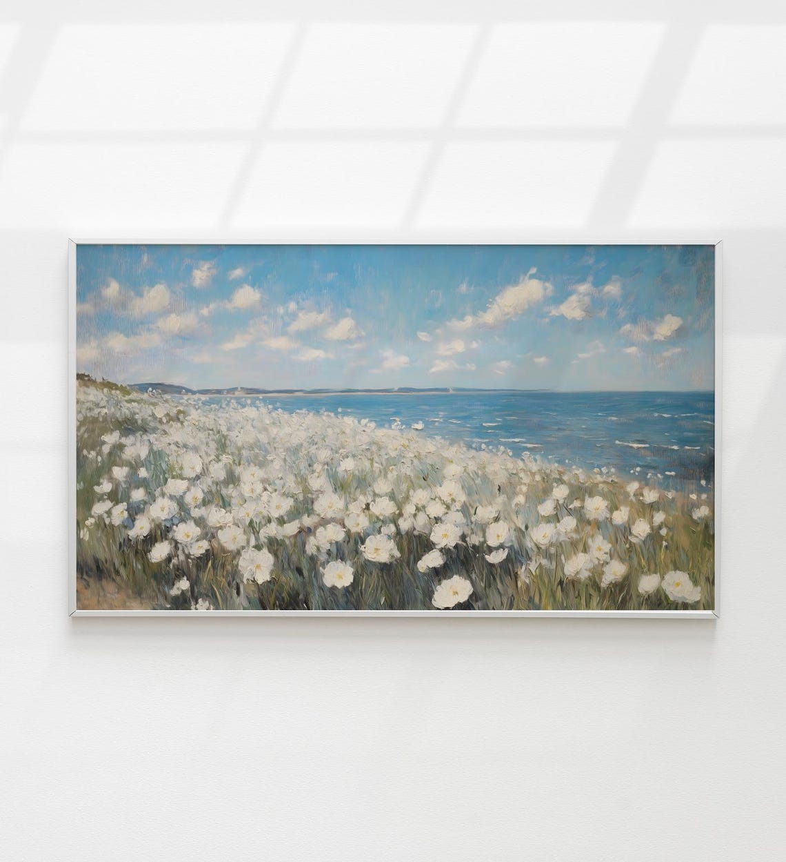 Coastal Wildflower Meadow White Blooms Ocean Horizon Summer Art Print