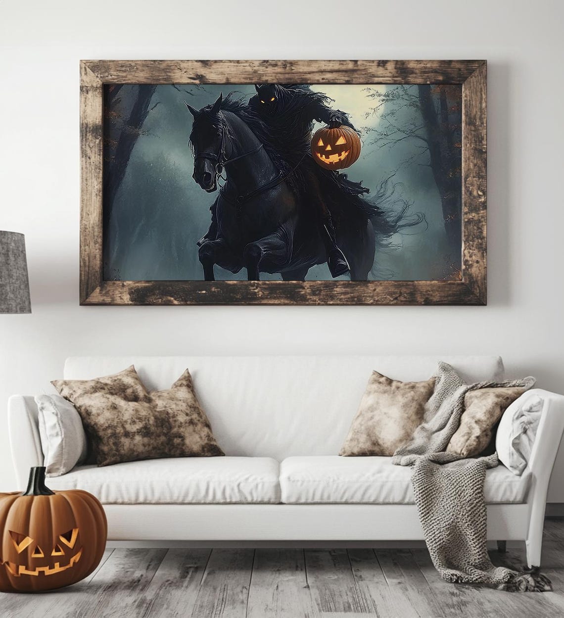 Headless Horseman With Jack O Lantern Dark Forest Halloween Art Print - Image 5