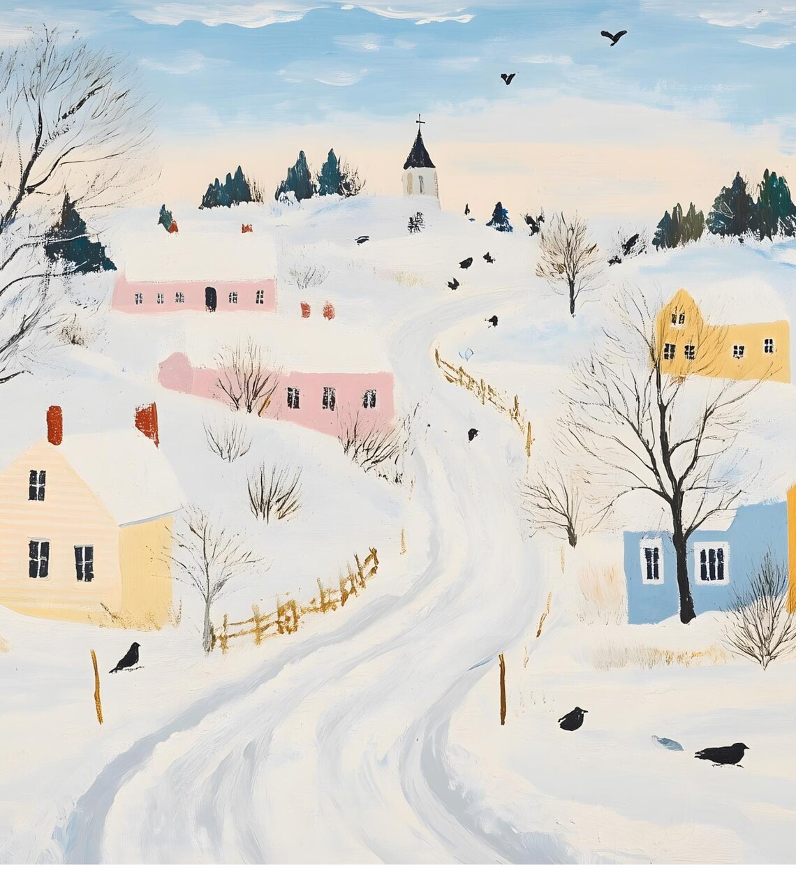 Snowy Village Winter Folk Art Naive Colorful Houses Church Art Poster - Image 7