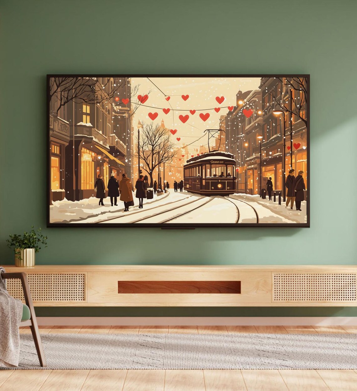 Snowy City Tram Street Red Hearts Valentine Winter Illustration Poster - Image 5
