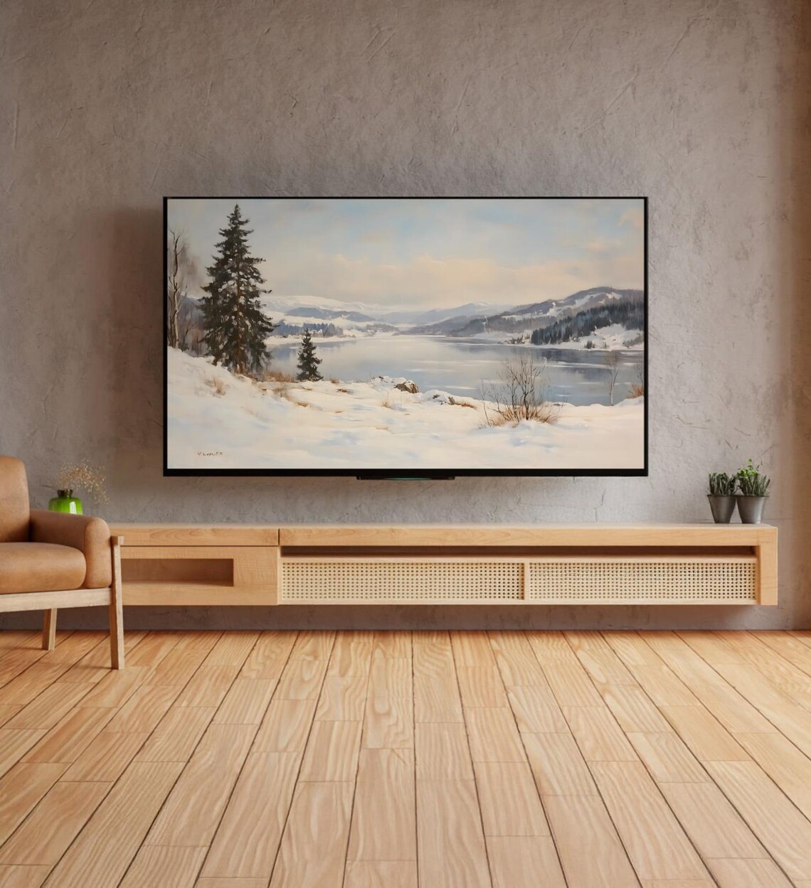 Vintage Winter Lake Snowy Pine Forest Mountains Landscape Art Poster - Image 4