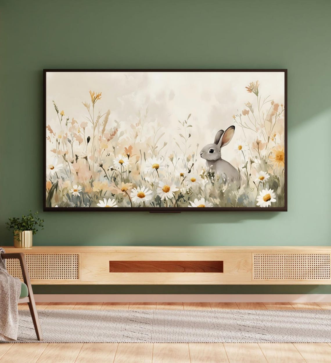 Gray Bunny Daisies Wildflower Meadow Watercolor Nursery Art Poster - Image 5