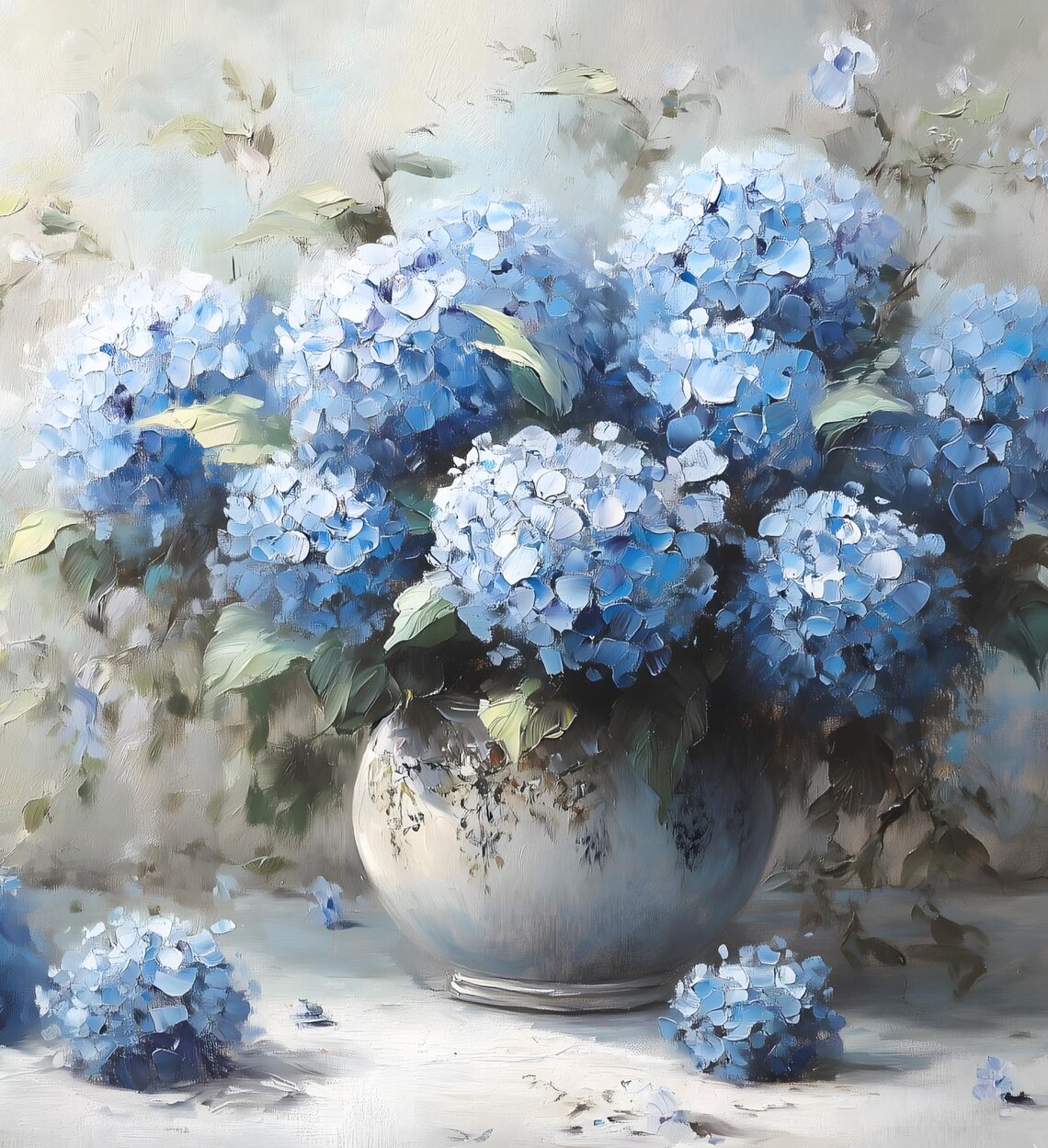 Blue Hydrangeas In Vase Soft Floral Still Life Oil Painting Art Poster - Image 6