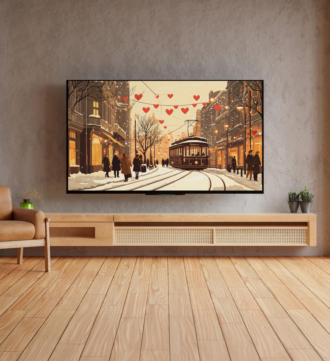 Snowy City Tram Street Red Hearts Valentine Winter Illustration Poster - Image 4