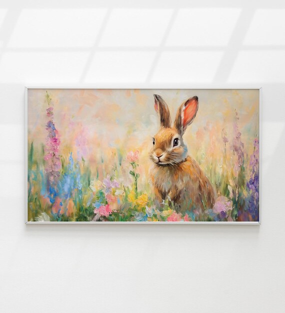 Cute Bunny Rabbit Colorful Wildflower Meadow Easter Painting Poster