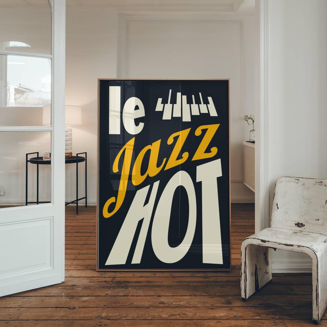 Le Jazz Hot Piano Keys Retro Navy Cream Mustard Music Poster - Image 5