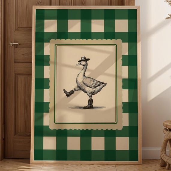Green Dancing Duck Cowboy Art Retro Nursery Bucking Bronco Print Whimsical Silly Goose Rodeo Poster Western Country Animal Bar Cart Decor