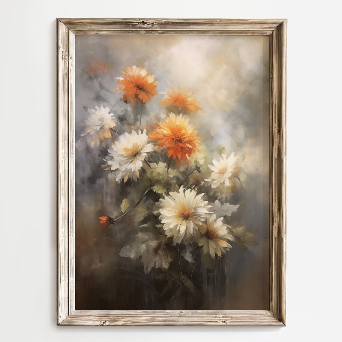 Moody White and Orange Blossom Bouquet Dark Floral Still Life Print
