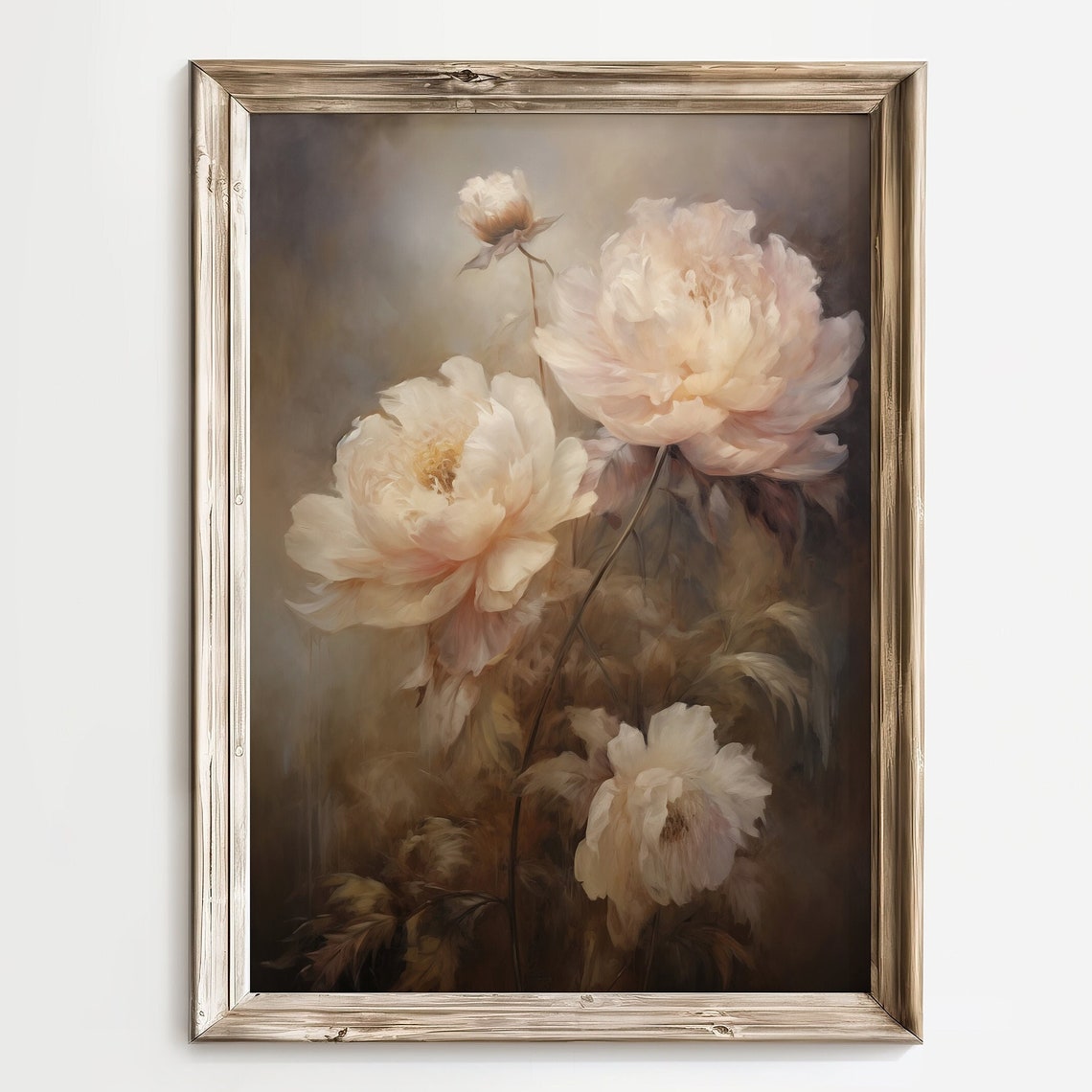 Blush Peony Blooms Dark Academia Neutral Floral Oil Painting Print