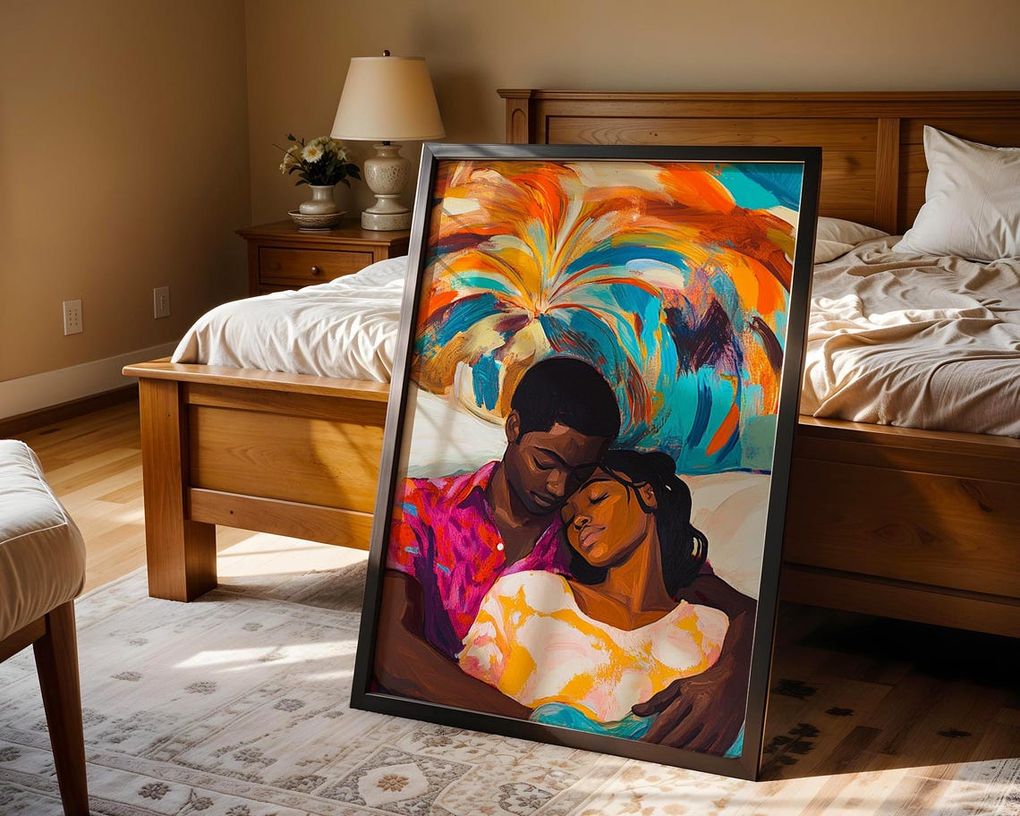 Black Couple Embracing Colorful Abstract Romantic Painting Poster