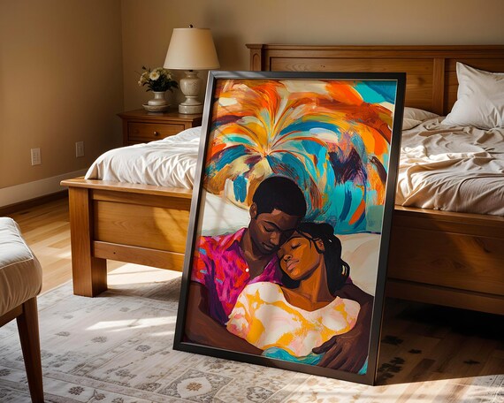 Black Couple Embracing Colorful Abstract Romantic Painting Poster