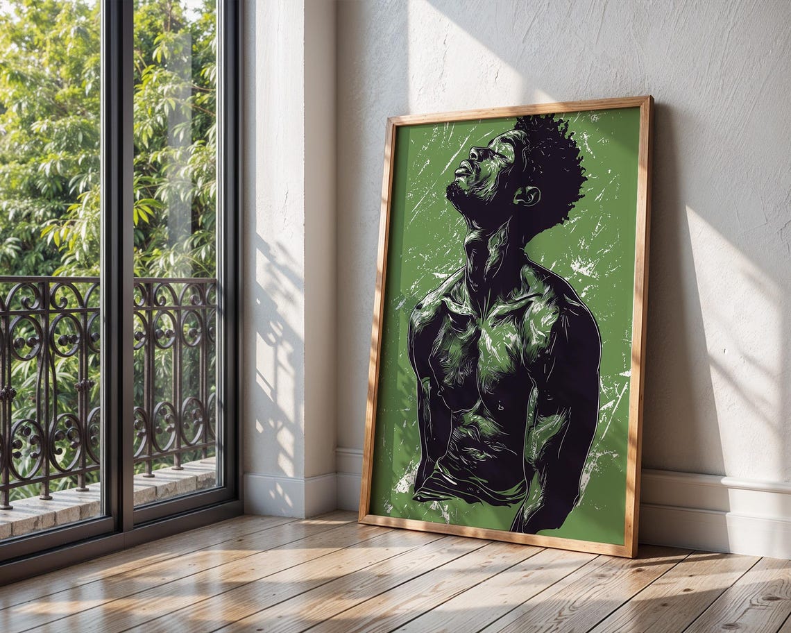 Contemplative Man Portrait Poster Green Black Expressive Gallery Art