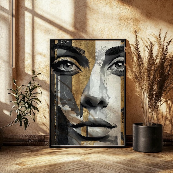 Abstract Woman Face In Black Gold And White Modern Art Poster