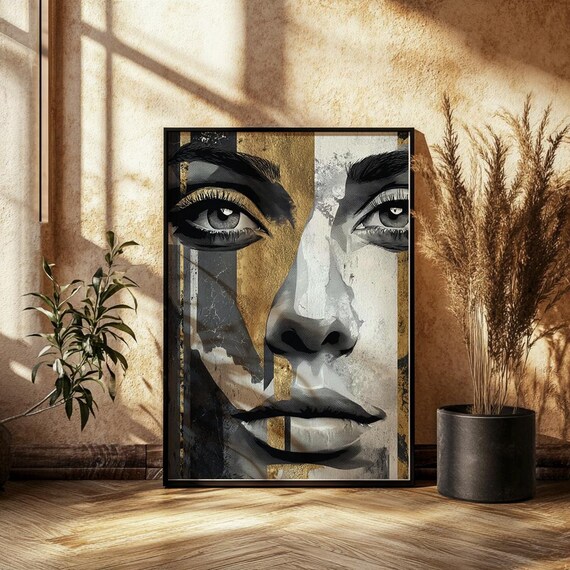 Abstract Woman Portrait Art Print Gold Wall Decor