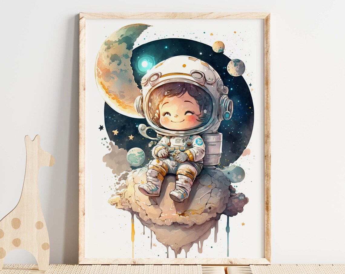 Smiling Baby Astronaut Watercolor Nursery Print Moon Planets Kids Decor