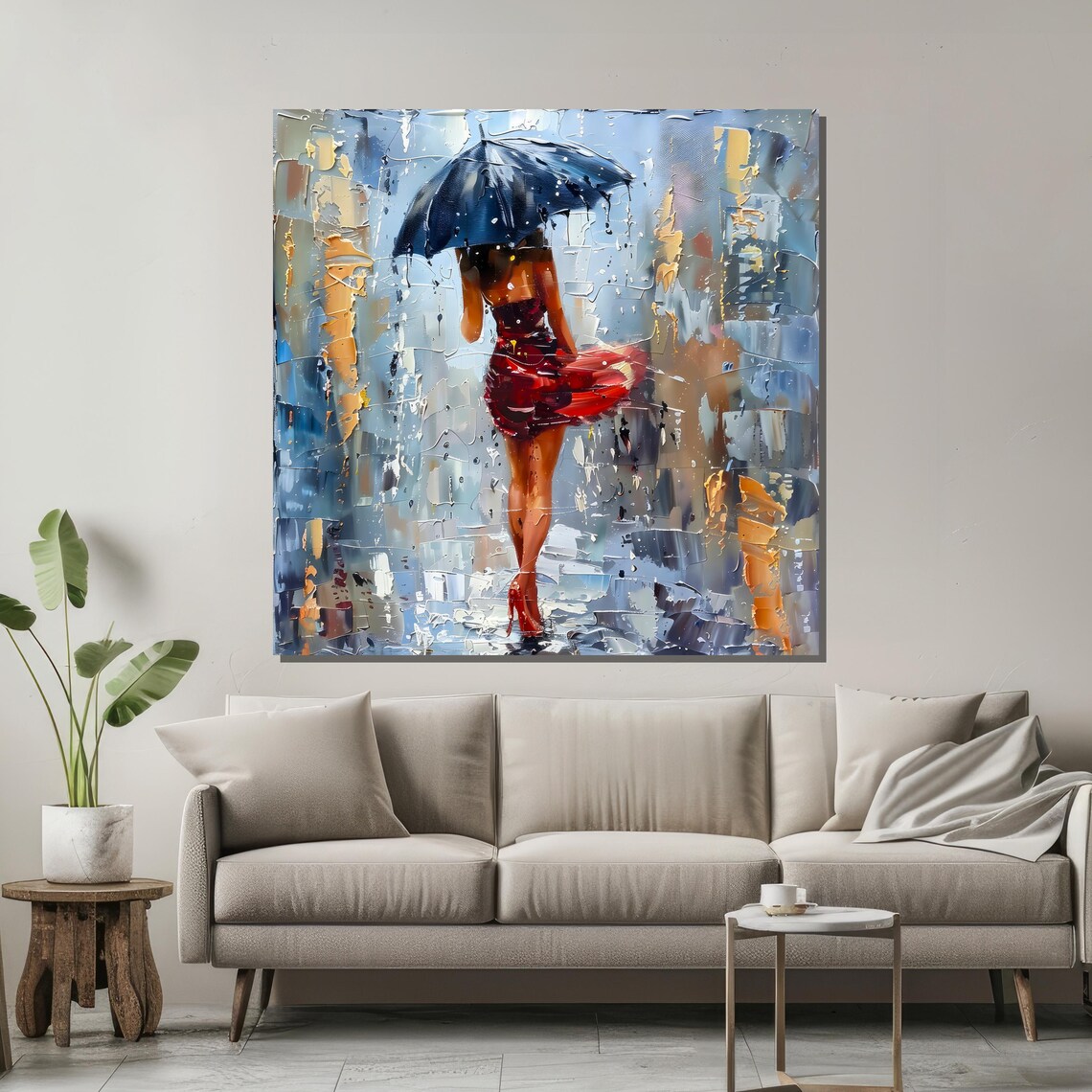 Lady In Red Dress With Umbrella Walking In Rainy City Poster - Image 2