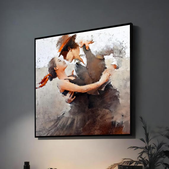 Romantic Couple Dance Painting Modern Wall Art For Living Room Decor Abstract Textured Art Of Tango Dance Lovers