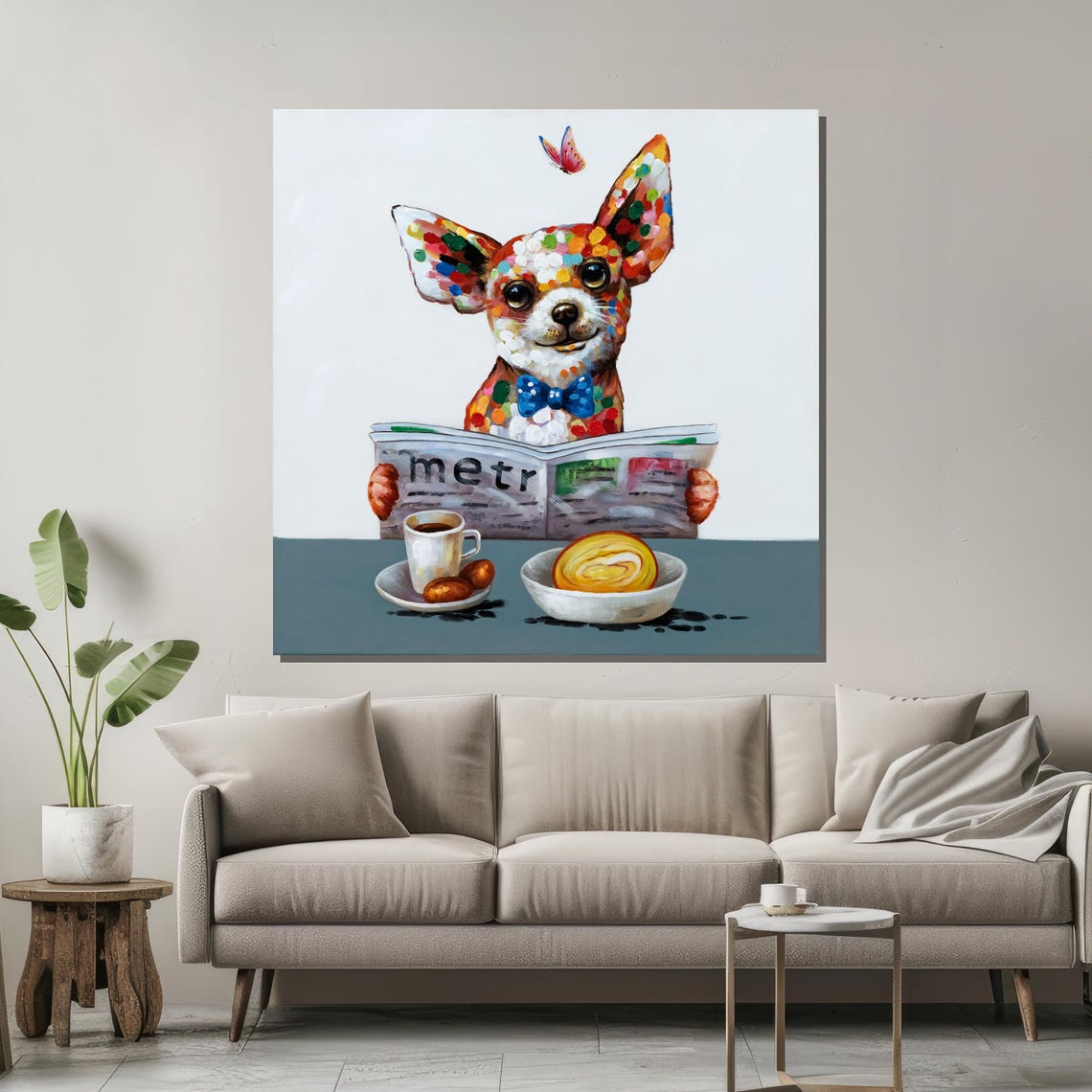 Chihuahua Reading Morning Newspaper Funny Polka Dot Dog Art Poster - Image 2