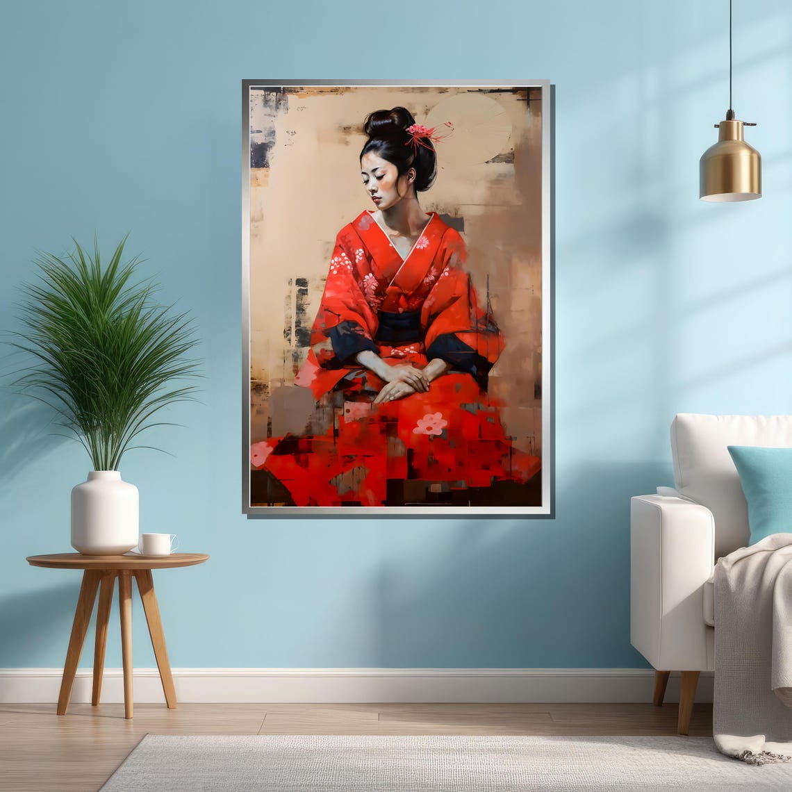 Seated Geisha In Red Kimono Soft Neutral Painterly Portrait Poster - Image 4