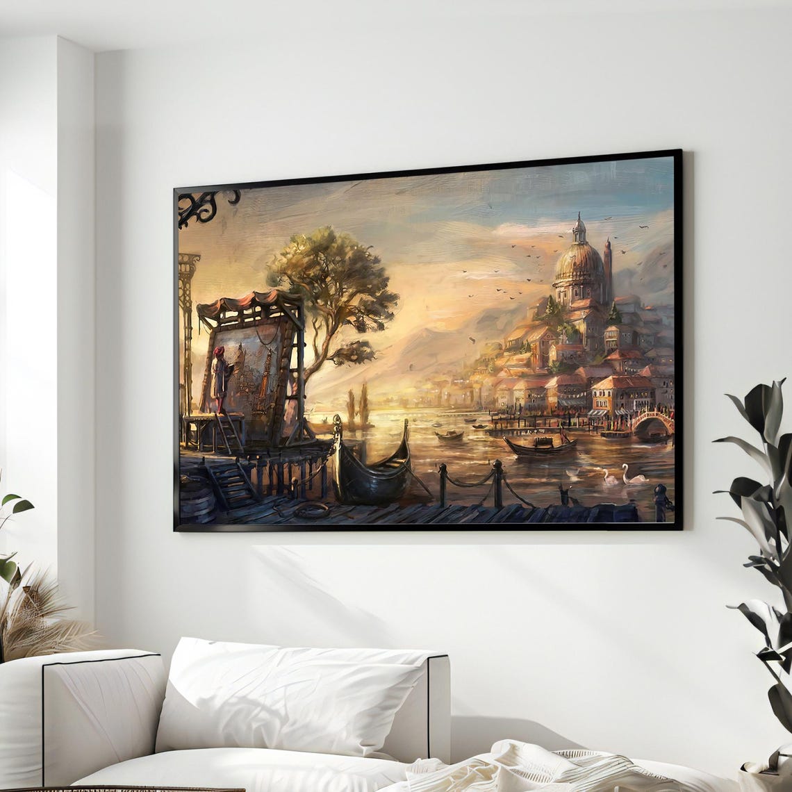 Venetian Sunset Canal With Gondolas And Painter Dock Scene Poster