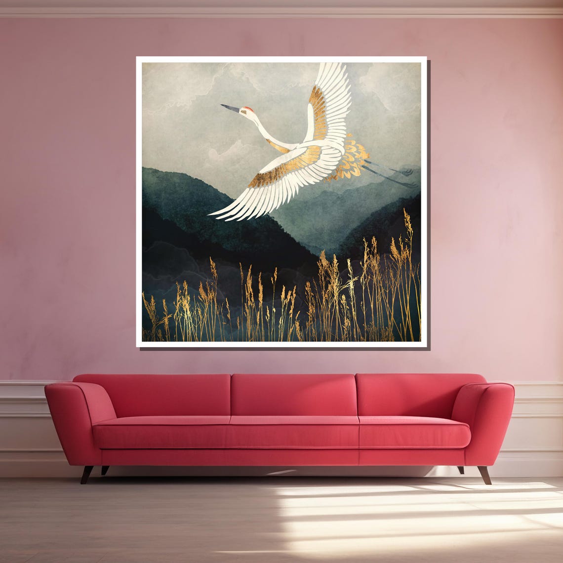 Majestic Crane in Flight Over Misty Mountains Poster for Zen Decor - Image 3