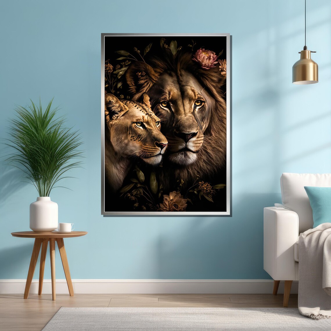 Lion and Lioness Close-Up With Dark Floral Background Art Poster - Image 4