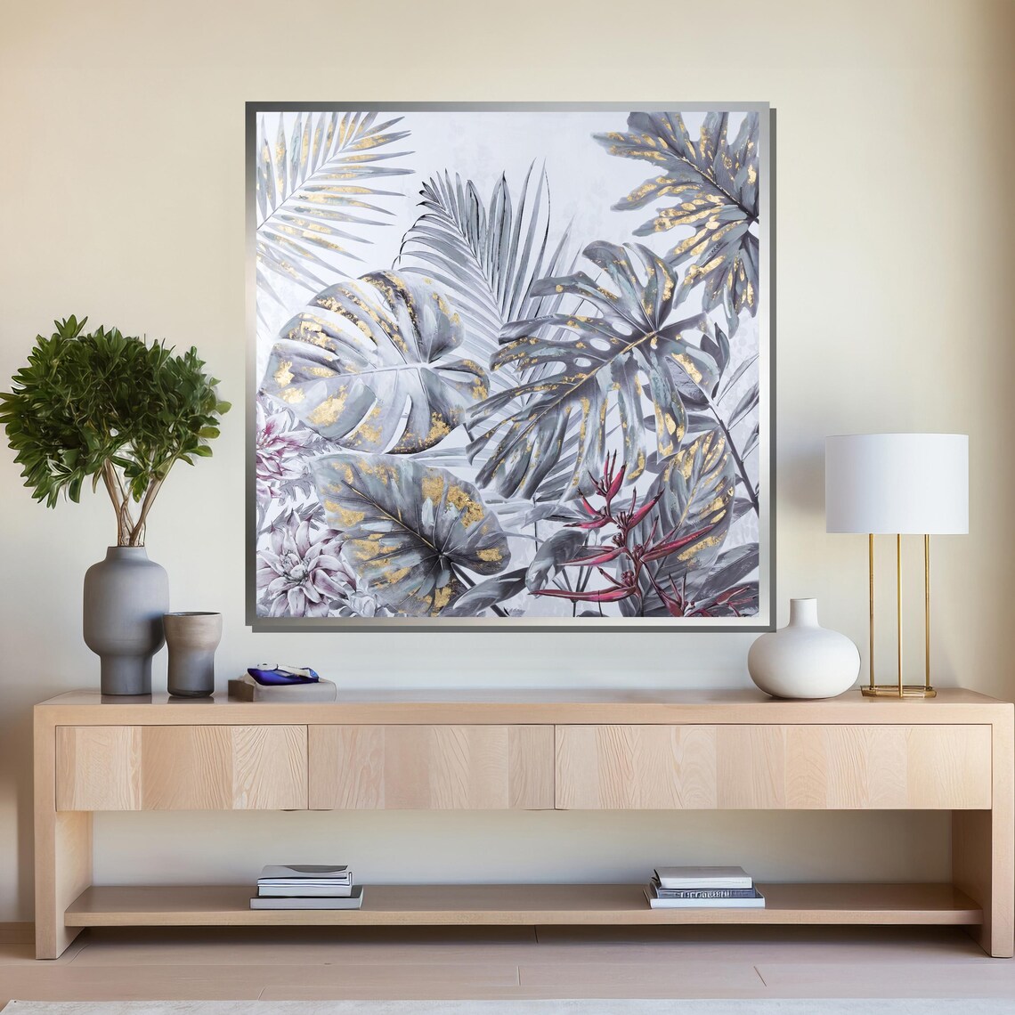 Gray Monstera and Palm Leaves With Gold Accents Botanical Art Poster - Image 4