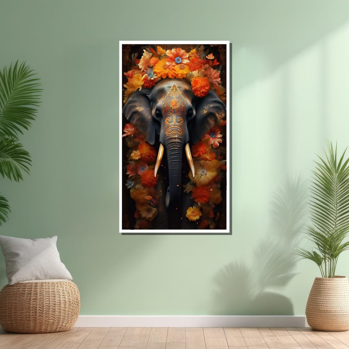 Ornate Elephant Head With Painted Forehead and Flower Crown Art Poster - Image 4
