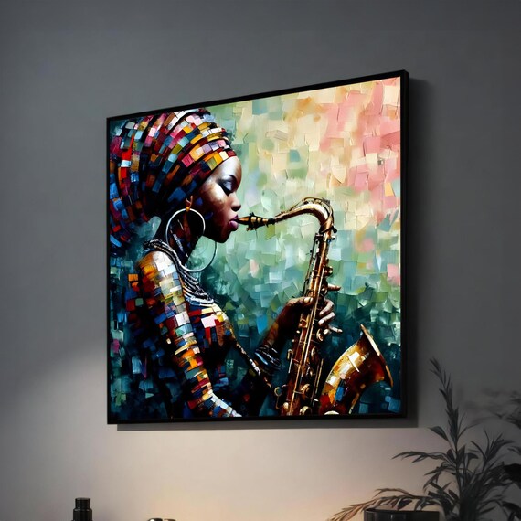 Jazz Woman with Saxophone Colorful Mosaic Poster for Music Room