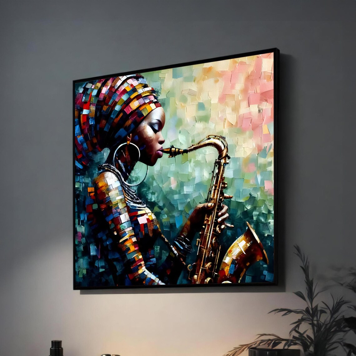 Jazz Woman with Saxophone Colorful Mosaic Poster for Music Room