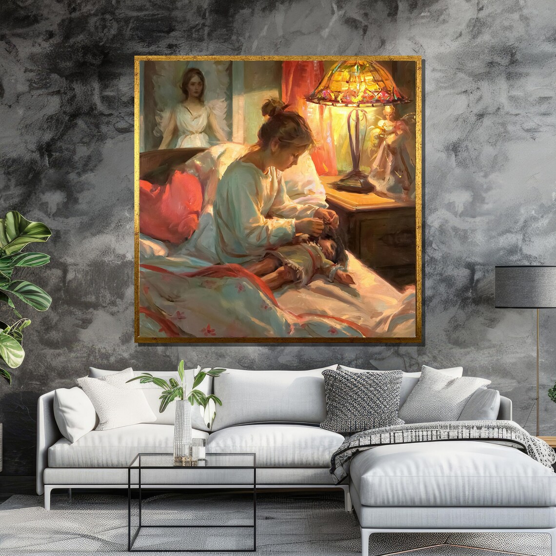 Mother's Tender Bedtime Moment With Guardian Angel Watching Art Poster - Image 6