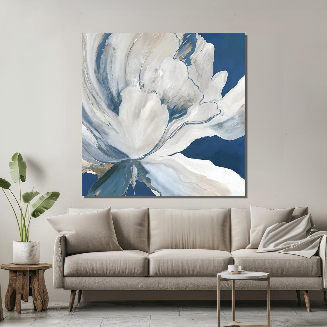 White Abstract Flower Against Deep Blue Modern Floral Art Poster - Image 2
