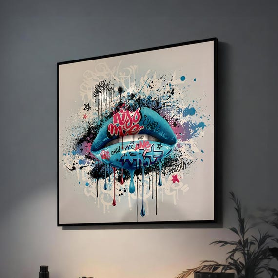 Bold Graffiti Lips Art Colorful Street Style Wall Decor Featuring Vibrant Blue Lips And Urban Pop Art Elements