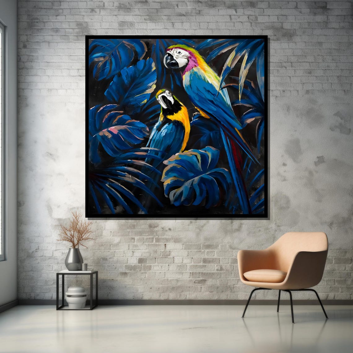 Blue and Yellow Macaw Parrots Tropical Jungle Painting Art Poster - Image 5