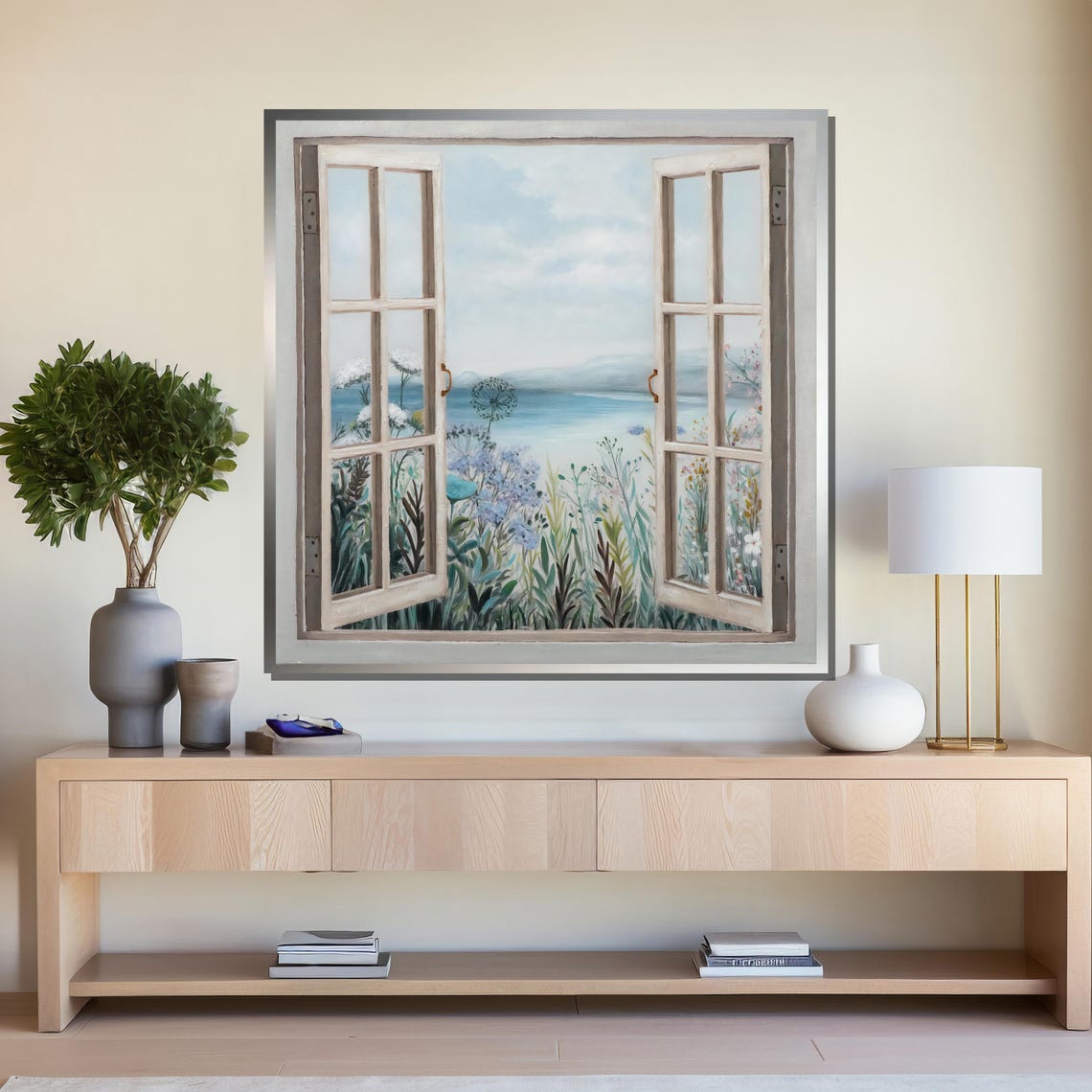 Open Window View of Coastal Wildflowers and Calm Sea Landscape Poster - Image 4