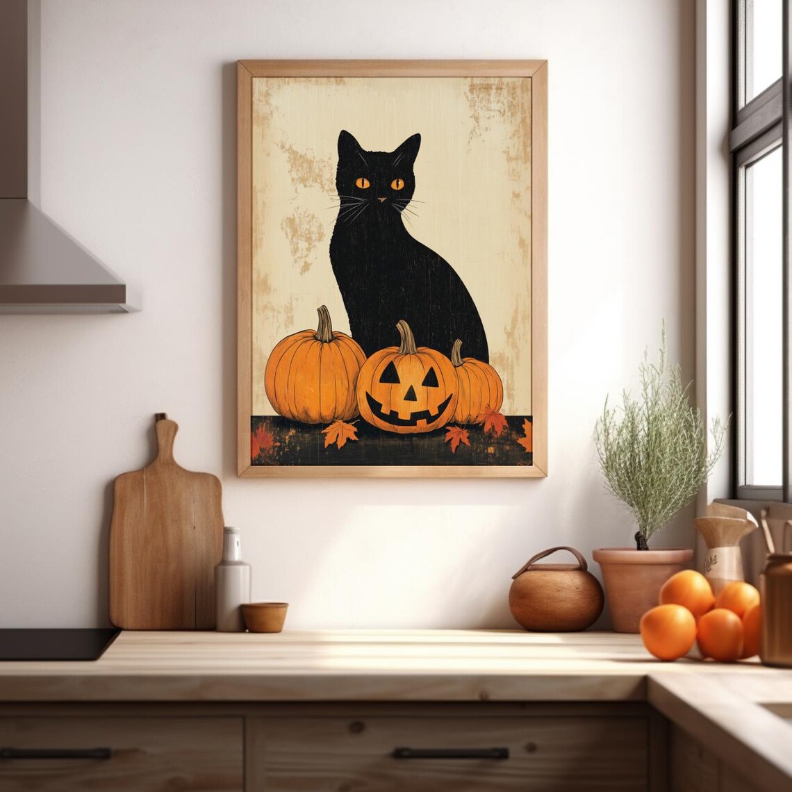 Black Cat with Amber Eyes Pumpkins and Jack O Lantern Halloween Poster - Image 5