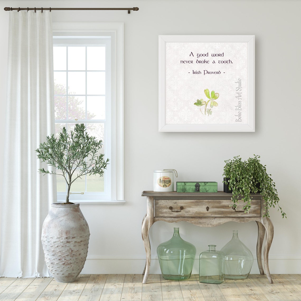 Irish Proverb A Good Word Never Broke A Tooth Quote Print Shamrock Art - Image 2