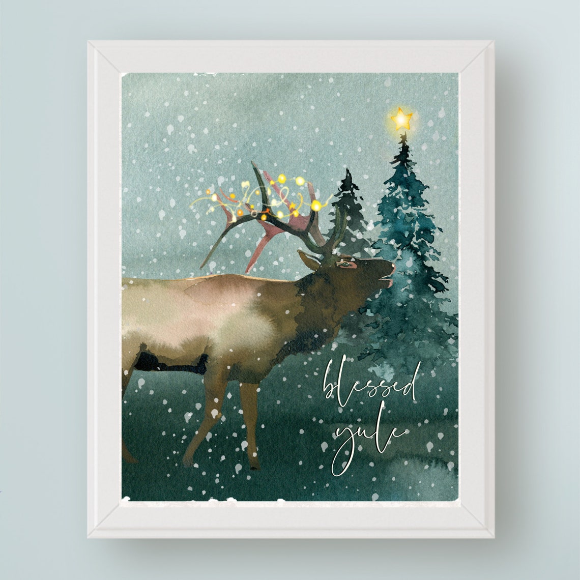 Blessed Yule Elk Watercolor Winter Solstice Snowy Forest Art Print