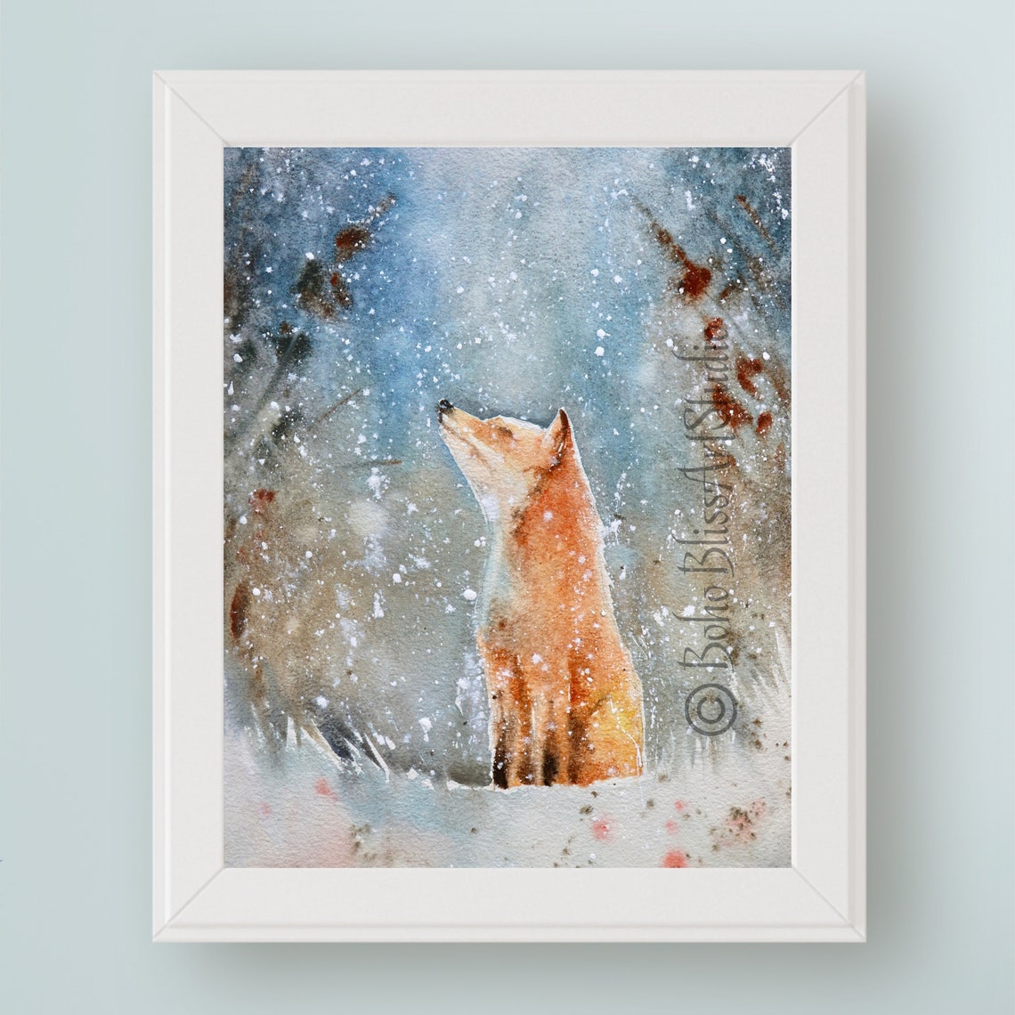 Fox In Snow Watercolor Winter Forest Wildlife Framed Art Print Gift