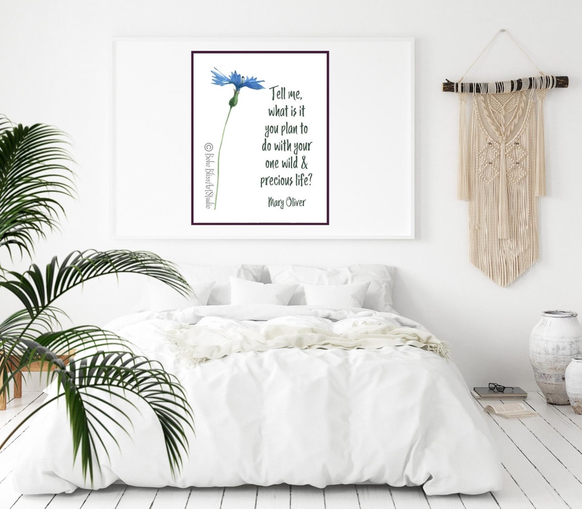 Mary Oliver One Wild Precious Life Blue Cornflower Quote Art Print - Image 2