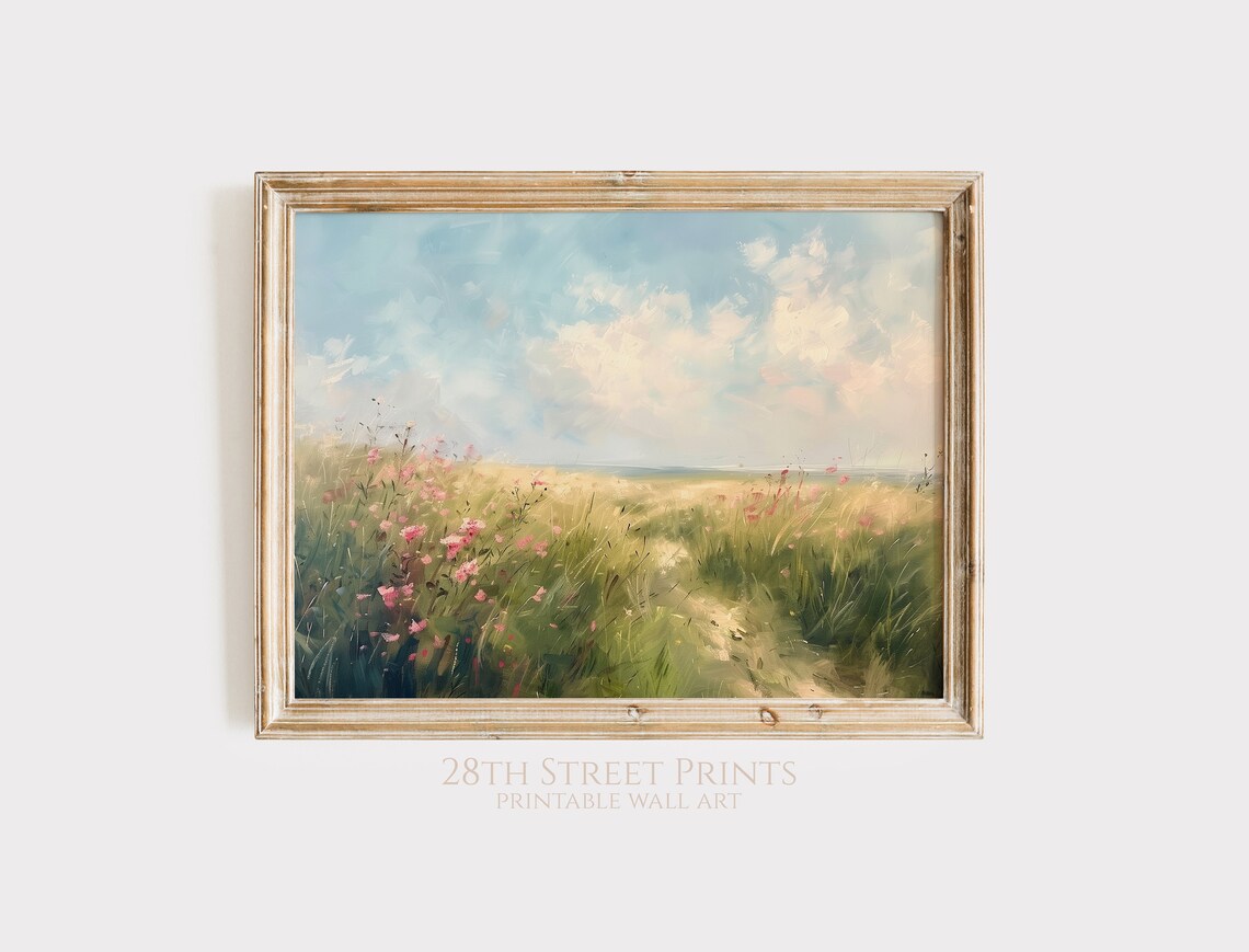 Summer Wildflower Landscape Pink Blooms Tall Grass Blue Sky Countryside Art Print - Image 3