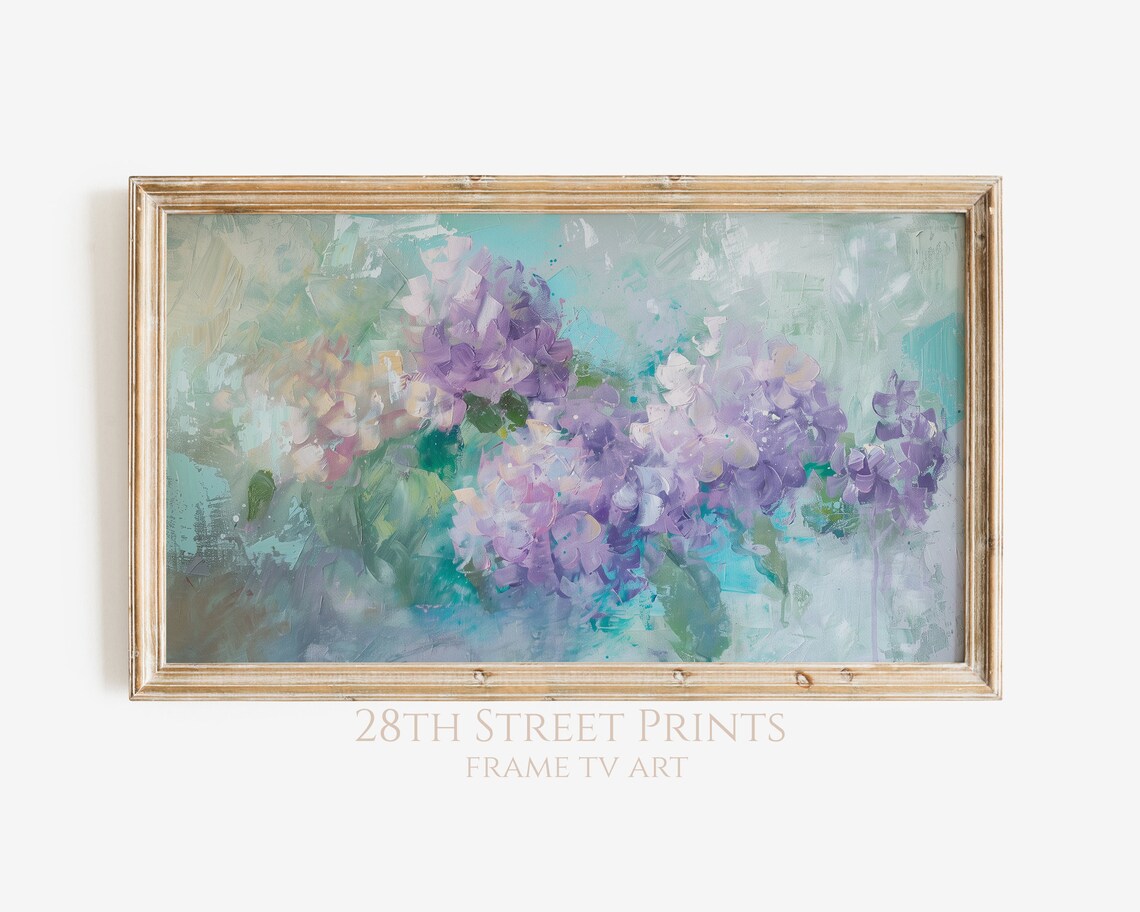 Purple Hydrangea Blossoms Teal Background Spring Floral Oil Painting Art Print