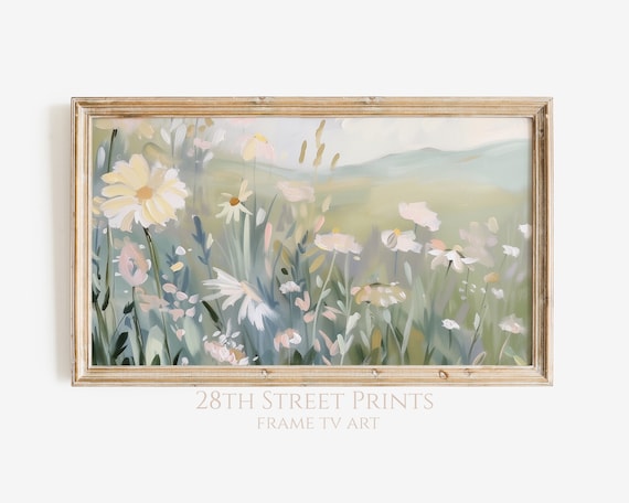 Daisy Cosmos Wildflower Field Rolling Hills Spring Landscape Painting Art Print