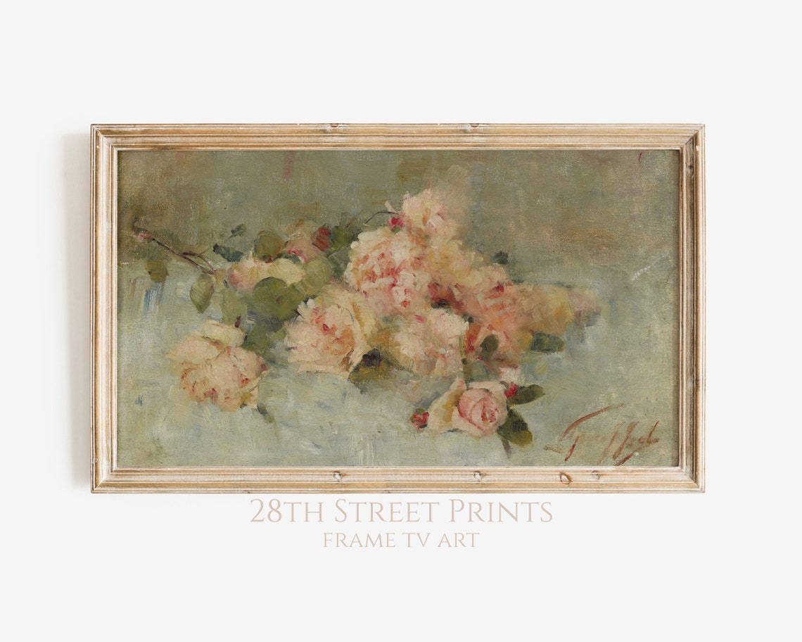 Vintage Pink Roses Bouquet Impressionist Floral Still Life Wall Art