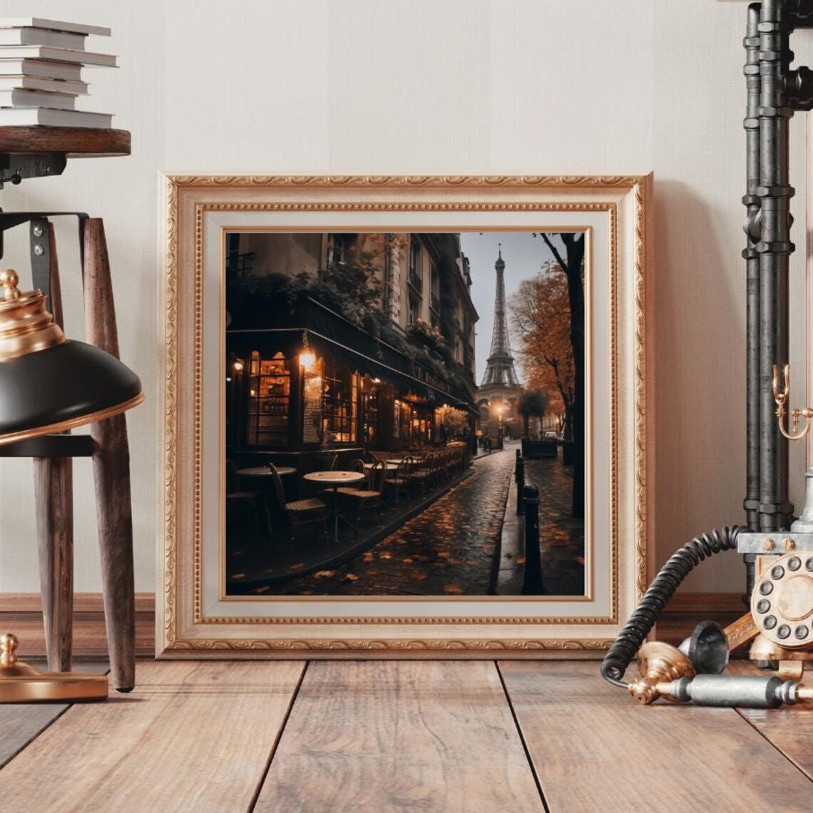 Paris Night Street Cafe Eiffel Tower Glowing Street Lights Poster