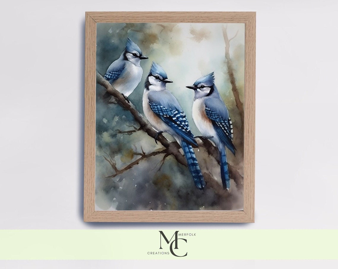 Three Blue Jays Perched on a Branch Watercolor Wildlife Bird Poster