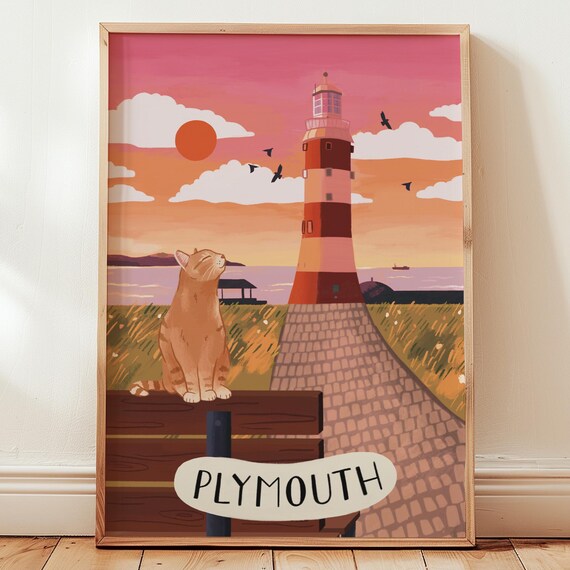 Plymouth England Lighthouse Sunset Illustration Coastal Cat Travel Poster