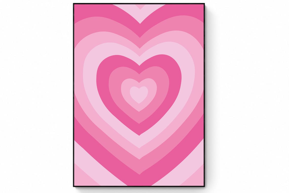 Pink Retro Heart Print, Psychedelic 60s 70s Art Print