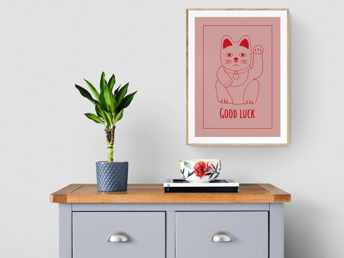 Maneki Neko Lucky Cat Retro Art Print, Japanese - Image 3