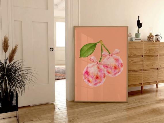 Cherry Disco Ball Pink Bow Peach Background Trendy Dorm Poster